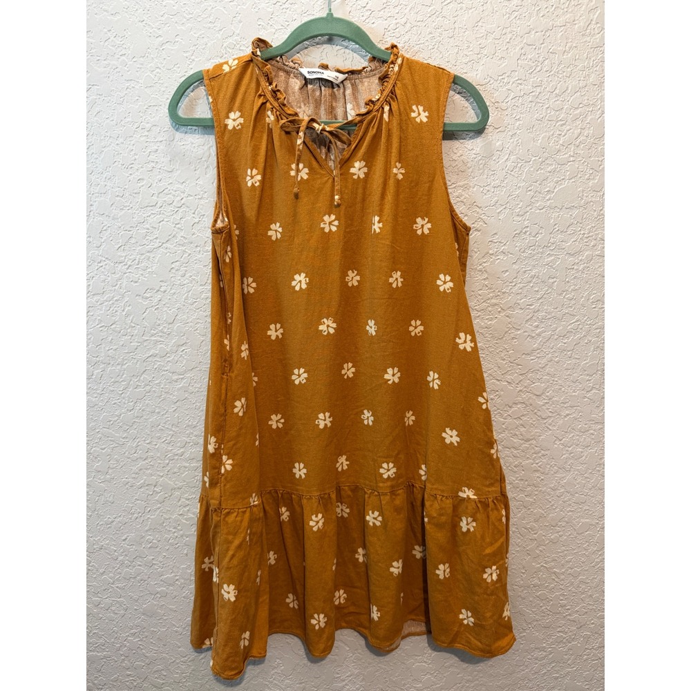Sonoma Goods For Life Floral Tiered Linen Blend Dress Mustard Cottagecore Fall